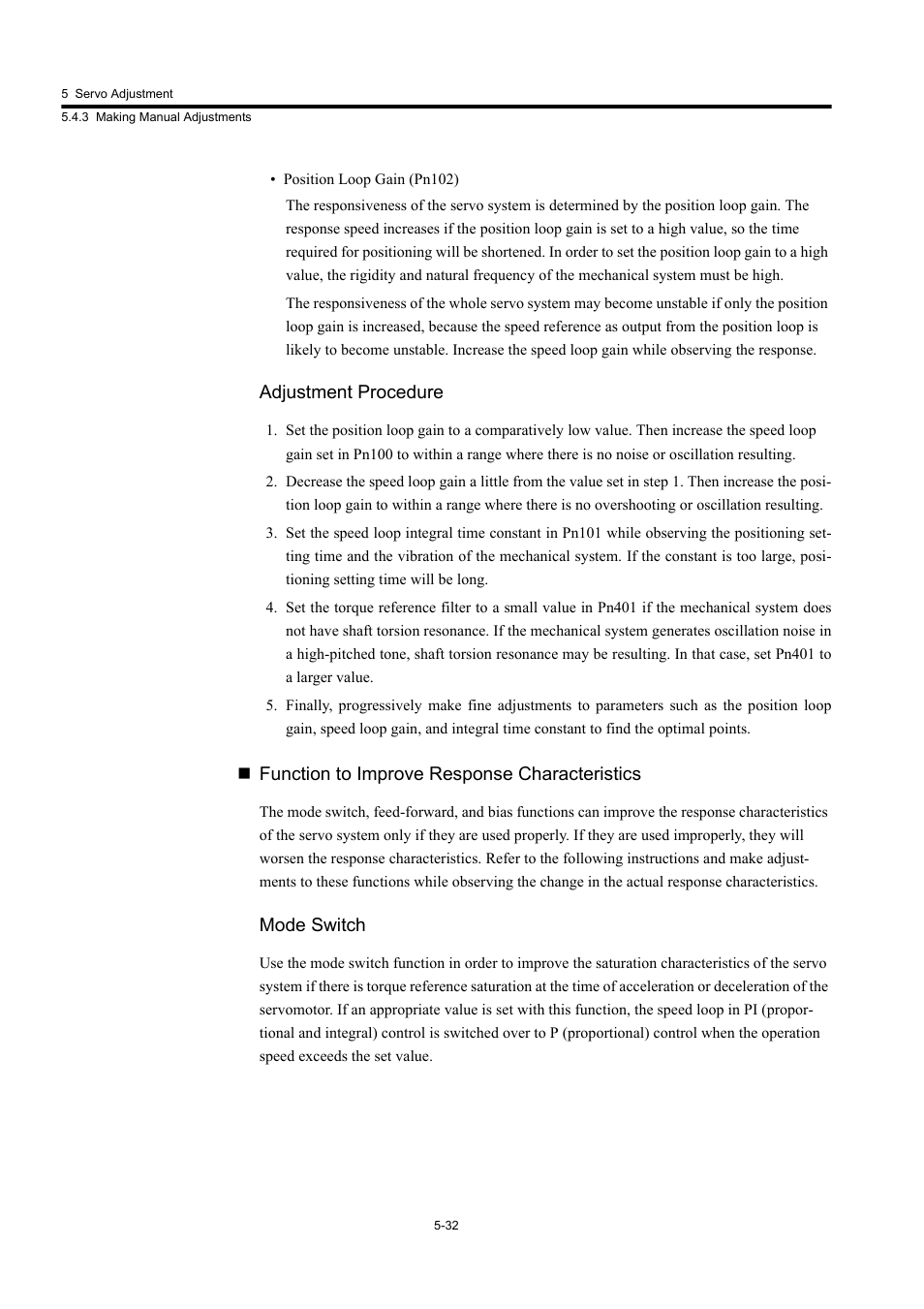 Adjustment procedure, Function to improve response characteristics, Mode switch | Yaskawa Large Capacity Sigma II Series User Manual | Page 215 / 405