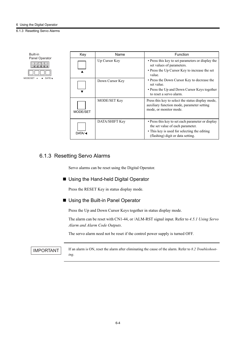 3 resetting servo alarms, Using the hand-held digital operator, Using the built-in panel operator | Yaskawa Large Capacity Sigma II Series User Manual | Page 224 / 405