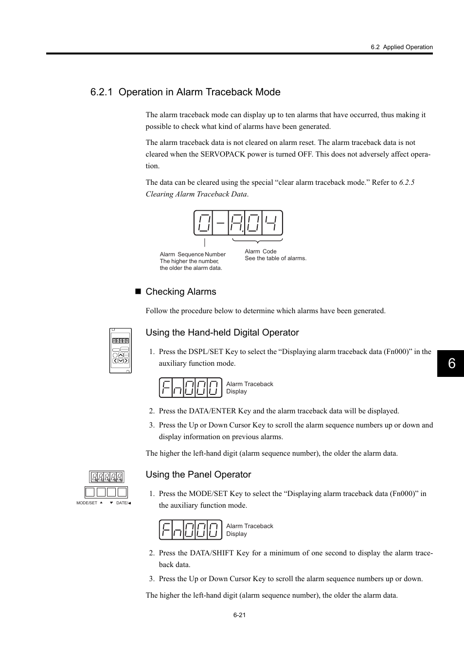 1 operation in alarm traceback mode, Checking alarms, Using the hand-held digital operator | Using the panel operator | Yaskawa Large Capacity Sigma II Series User Manual | Page 241 / 405