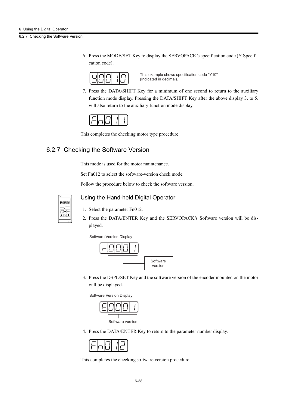 7 checking the software version, Using the hand-held digital operator | Yaskawa Large Capacity Sigma II Series User Manual | Page 258 / 405