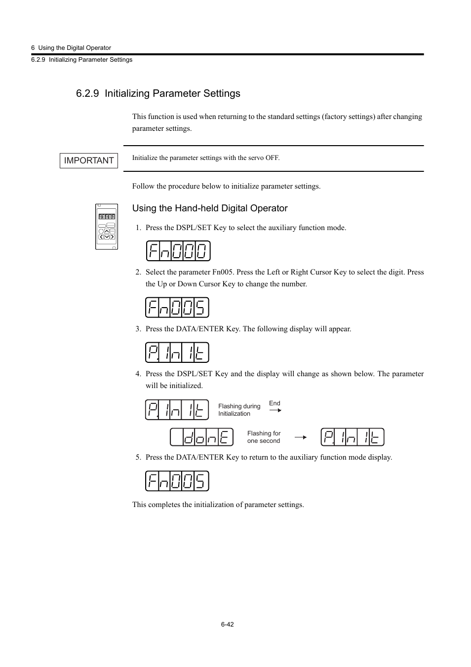 9 initializing parameter settings, Using the hand-held digital operator | Yaskawa Large Capacity Sigma II Series User Manual | Page 262 / 405