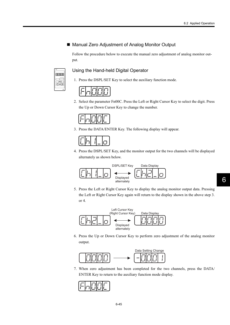 Manual zero adjustment of analog monitor output, Using the hand-held digital operator | Yaskawa Large Capacity Sigma II Series User Manual | Page 265 / 405