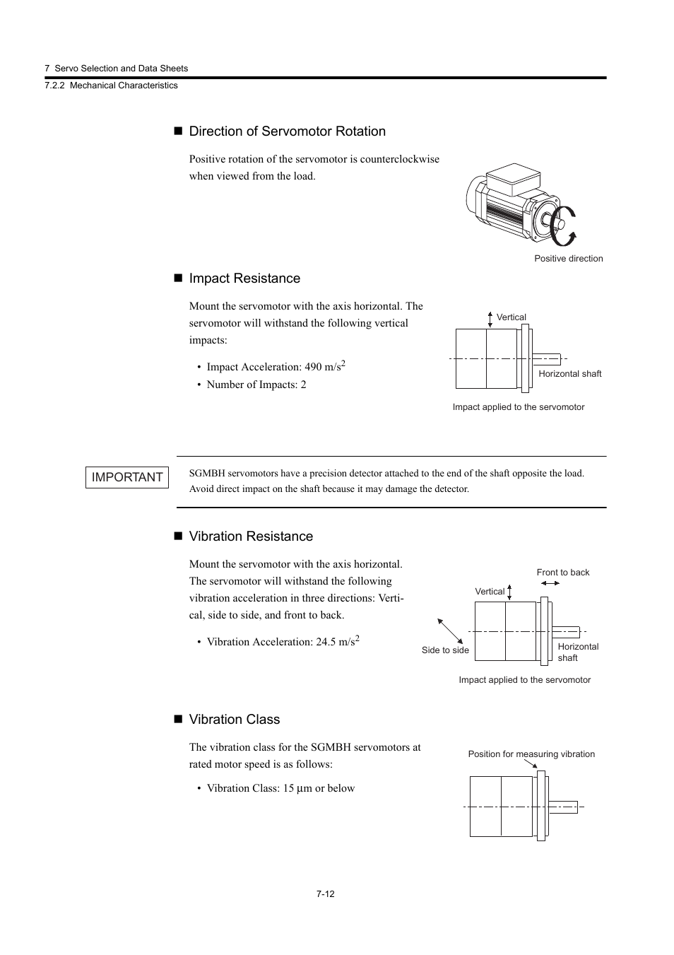 Direction of servomotor rotation, Impact resistance, Vibration resistance | Vibration class | Yaskawa Large Capacity Sigma II Series User Manual | Page 288 / 405
