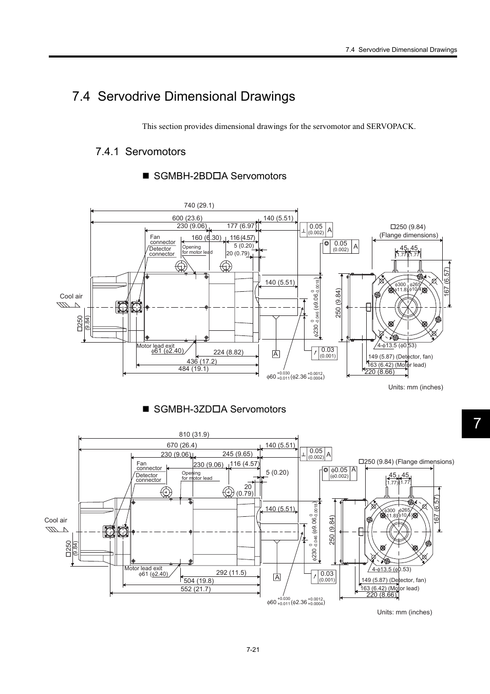 4 servodrive dimensional drawings, 1 servomotors, Sgmbh-2bda servomotors  sgmbh-3zda servomotors | Yaskawa Large Capacity Sigma II Series User Manual | Page 297 / 405