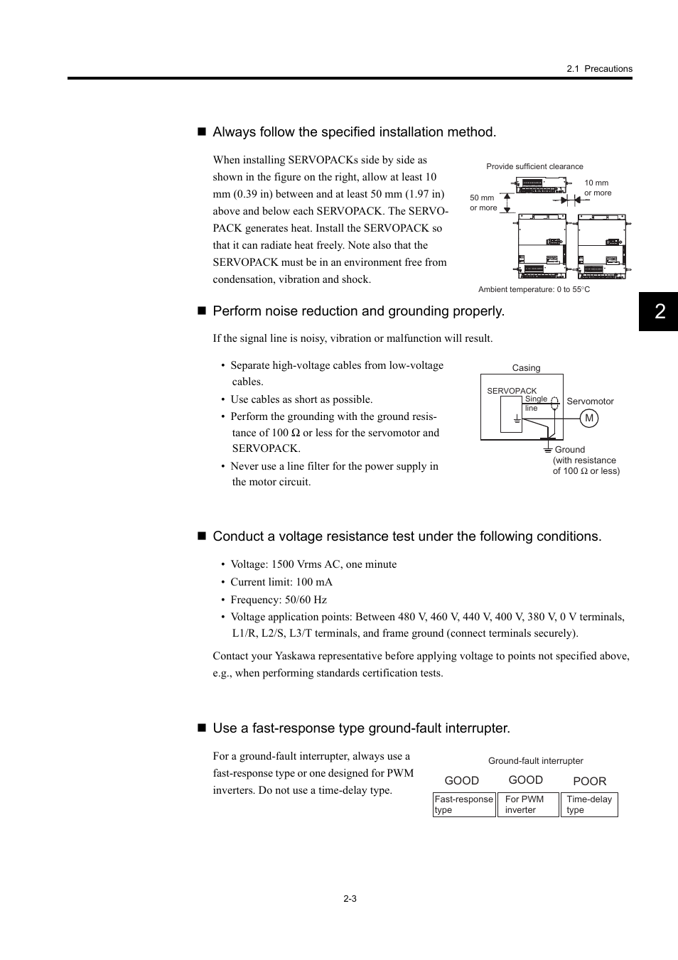 Always follow the specified installation method, Perform noise reduction and grounding properly, Use a fast-response type ground-fault interrupter | Yaskawa Large Capacity Sigma II Series User Manual | Page 30 / 405