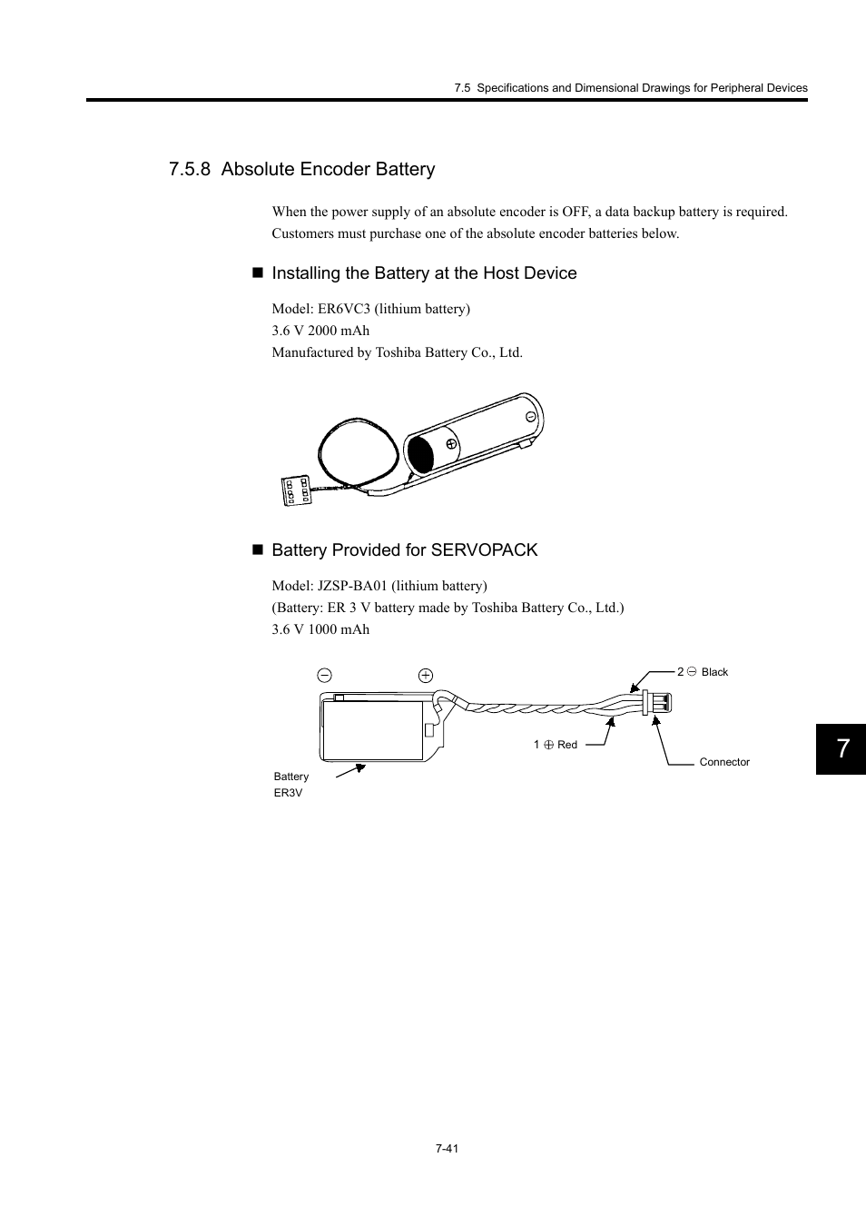8 absolute encoder battery, Installing the battery at the host device, Battery provided for servopack | Yaskawa Large Capacity Sigma II Series User Manual | Page 317 / 405
