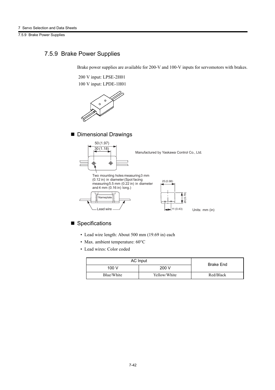 9 brake power supplies, Dimensional drawings  specifications | Yaskawa Large Capacity Sigma II Series User Manual | Page 318 / 405