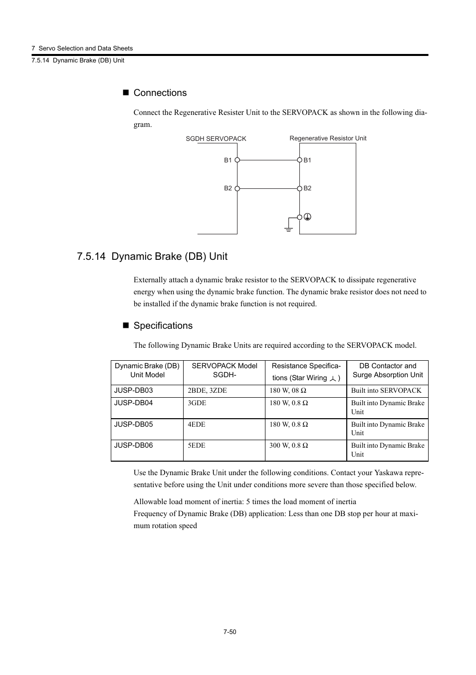 14 dynamic brake (db) unit, Connections, Specifications | Yaskawa Large Capacity Sigma II Series User Manual | Page 326 / 405