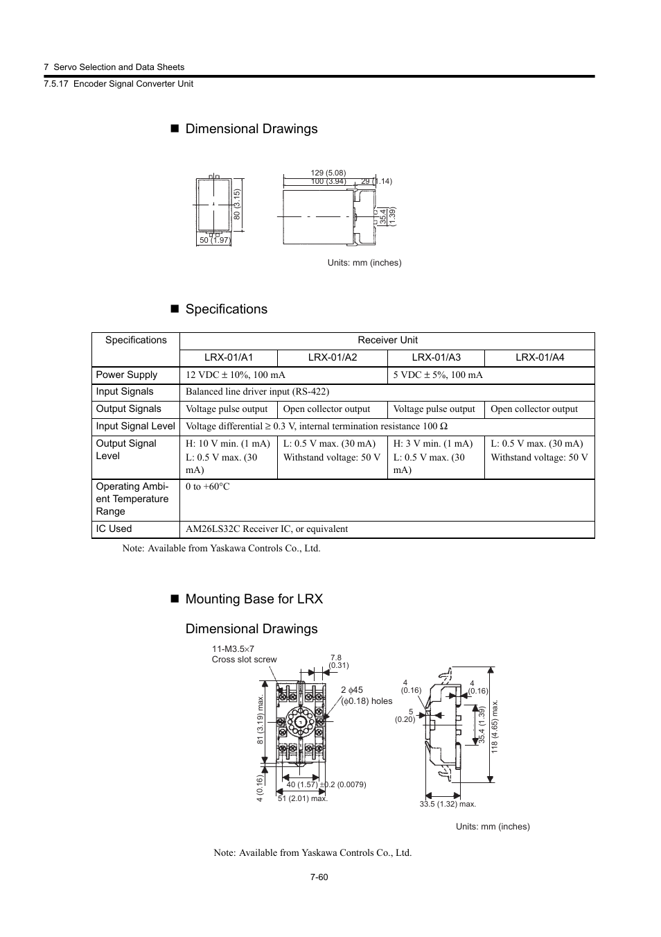Dimensional drawings  specifications, Mounting base for lrx dimensional drawings | Yaskawa Large Capacity Sigma II Series User Manual | Page 336 / 405