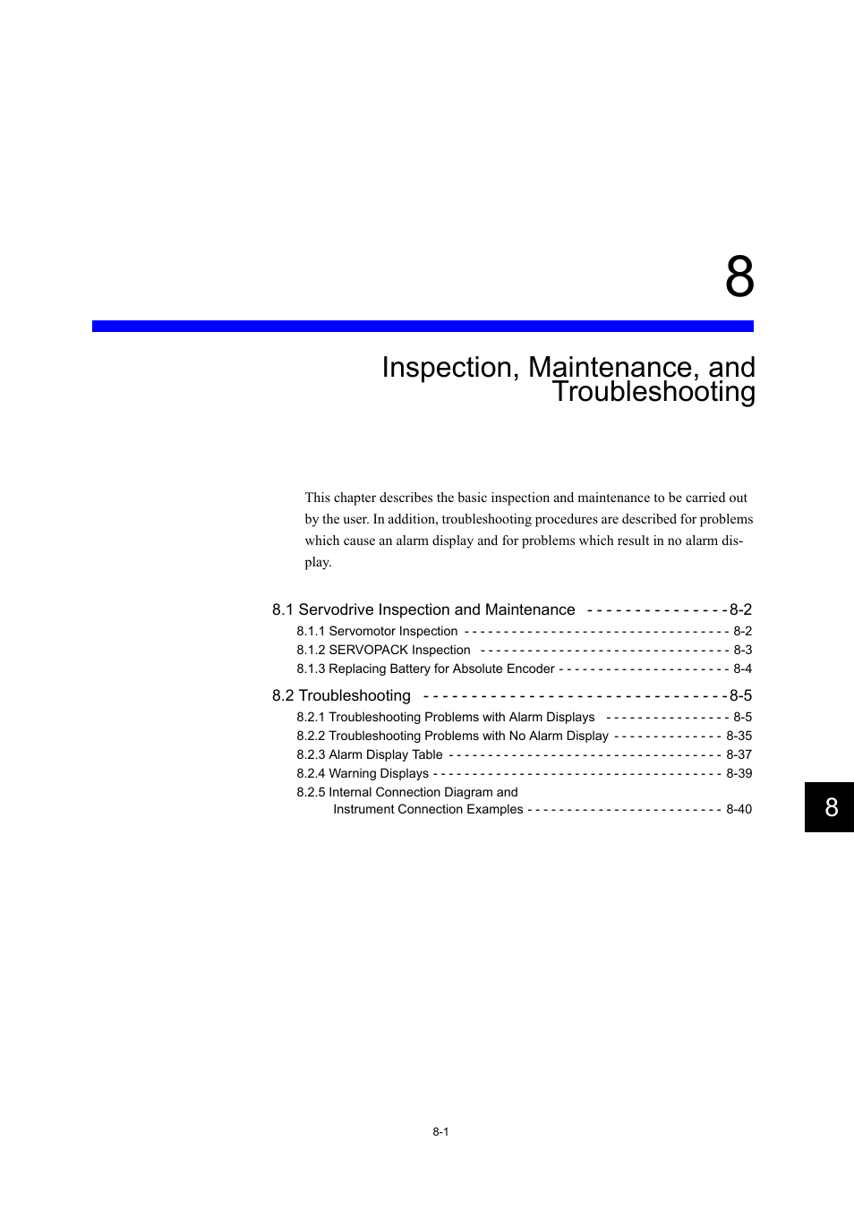 8 inspection, maintenance, and troubleshooting, Inspection, maintenance, and troubleshooting | Yaskawa Large Capacity Sigma II Series User Manual | Page 340 / 405