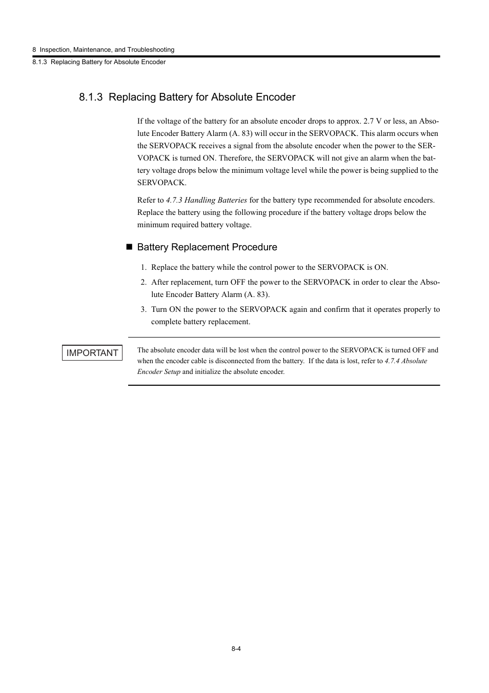 3 replacing battery for absolute encoder, Battery replacement procedure | Yaskawa Large Capacity Sigma II Series User Manual | Page 343 / 405