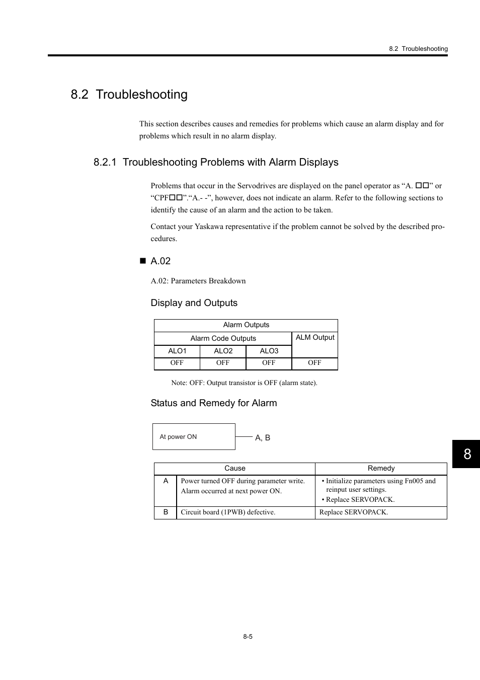 2 troubleshooting, 1 troubleshooting problems with alarm displays, A.02 | Display and outputs, Status and remedy for alarm | Yaskawa Large Capacity Sigma II Series User Manual | Page 344 / 405