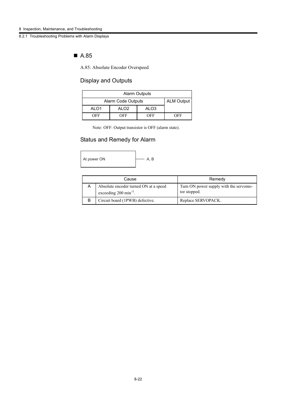 A.85, Display and outputs, Status and remedy for alarm | Yaskawa Large Capacity Sigma II Series User Manual | Page 361 / 405