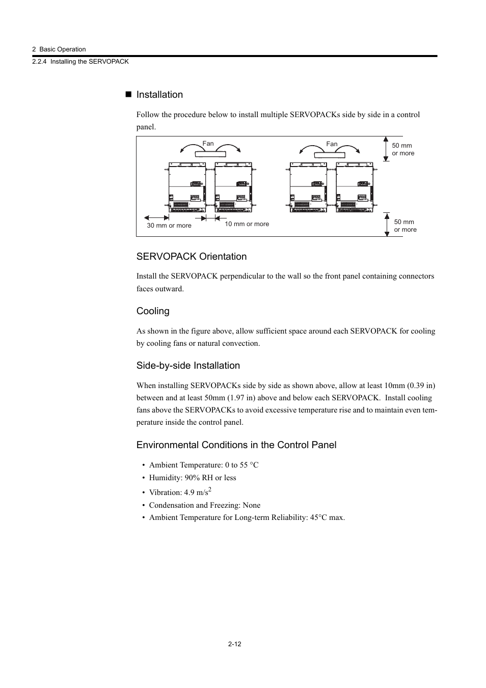 Installation, Servopack orientation, Cooling | Side-by-side installation, Environmental conditions in the control panel | Yaskawa Large Capacity Sigma II Series User Manual | Page 39 / 405