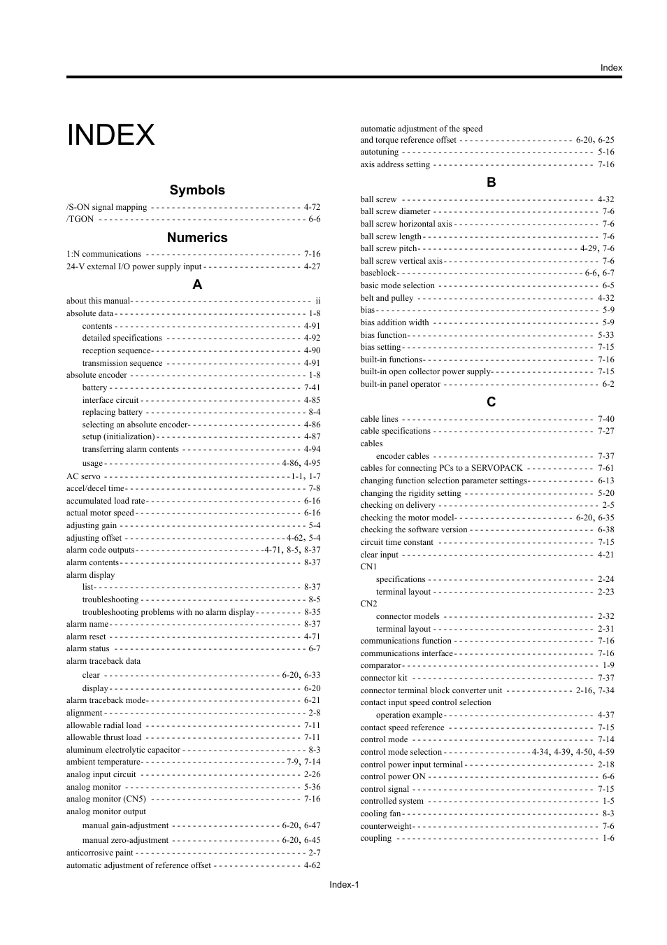 Index, Symbols, Numerics | Yaskawa Large Capacity Sigma II Series User Manual | Page 399 / 405