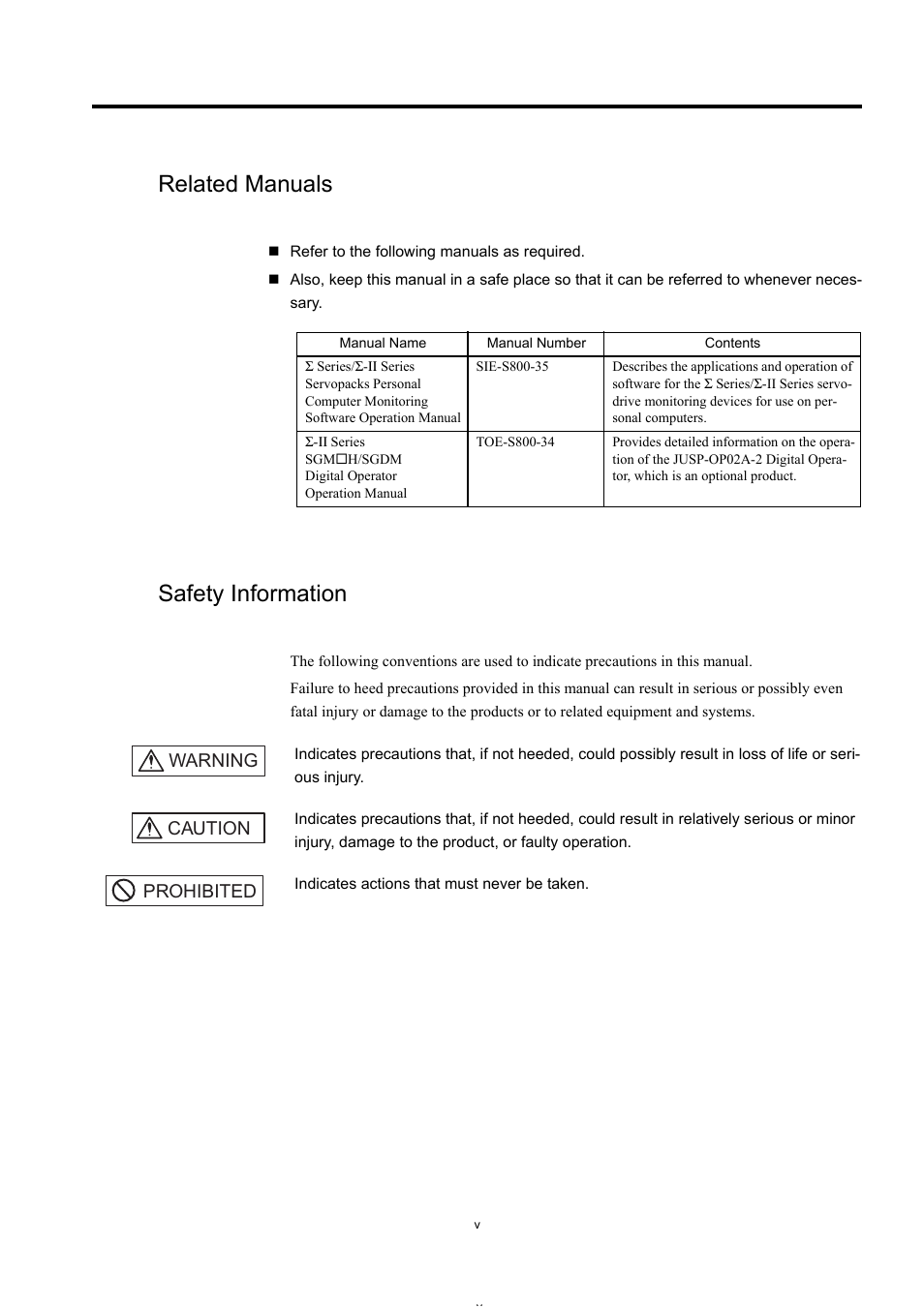 Related manuals, Safety information, Warning caution prohibited | Yaskawa Large Capacity Sigma II Series User Manual | Page 5 / 405