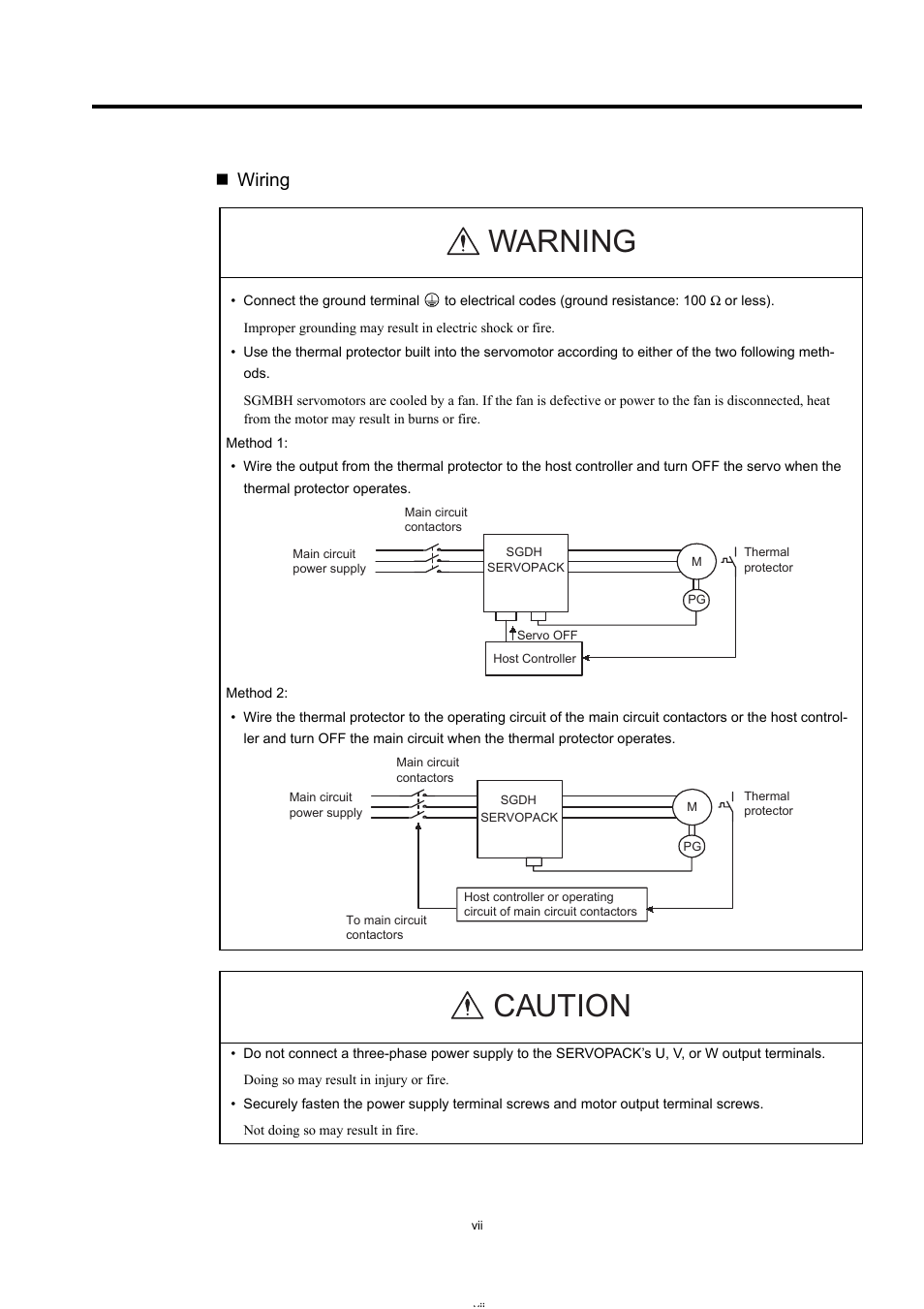Warning, Caution, Wiring | Yaskawa Large Capacity Sigma II Series User Manual | Page 7 / 405