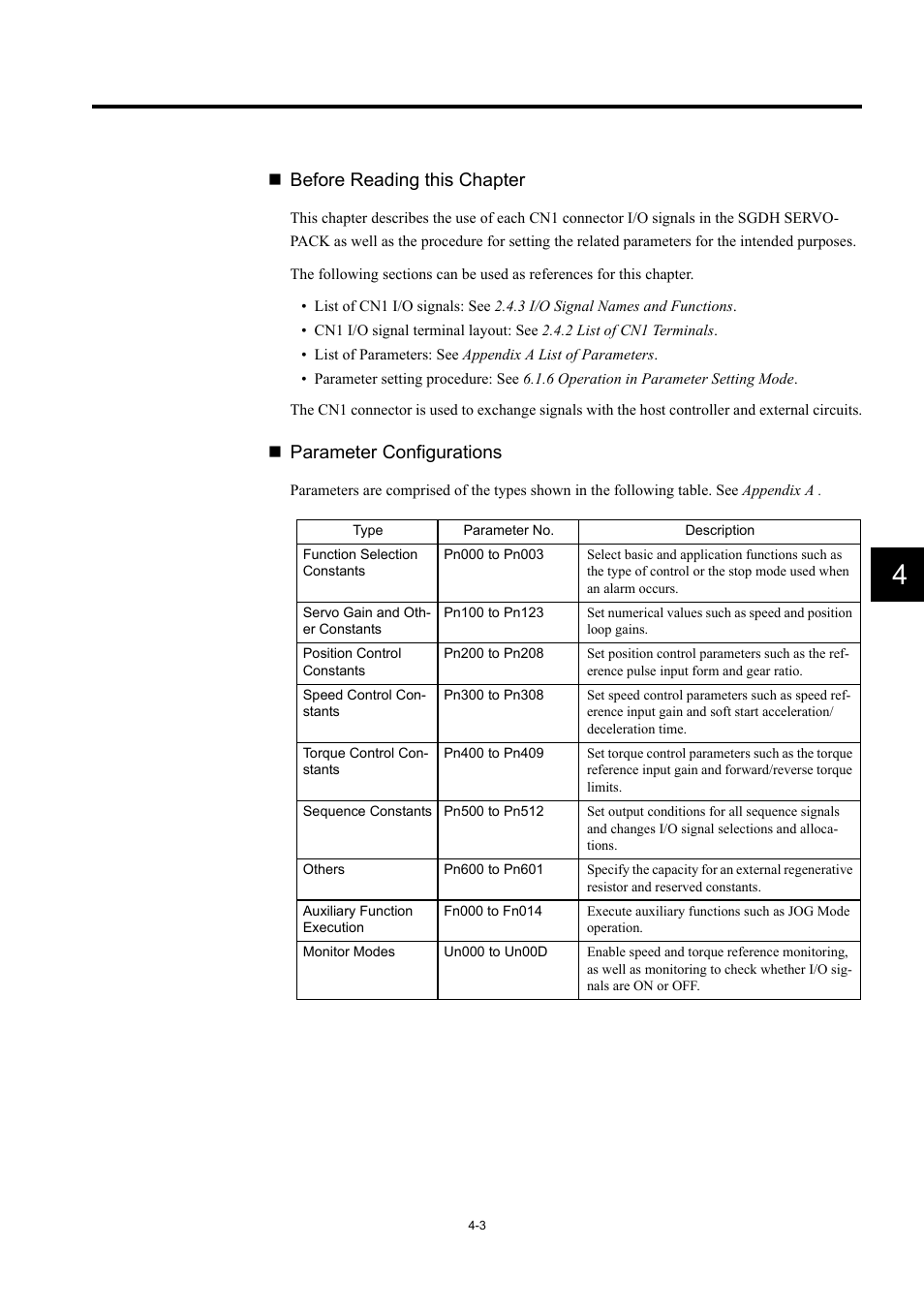 Before reading this chapter, Parameter configurations | Yaskawa Large Capacity Sigma II Series User Manual | Page 79 / 405