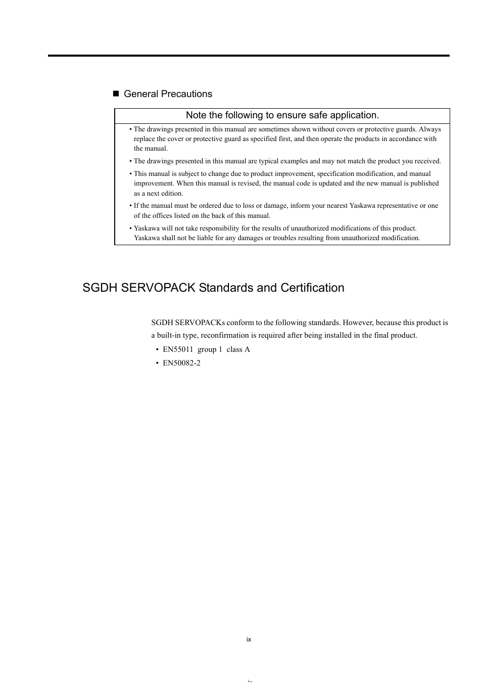 Sgdh servopack standards and certification, General precautions | Yaskawa Large Capacity Sigma II Series User Manual | Page 9 / 405