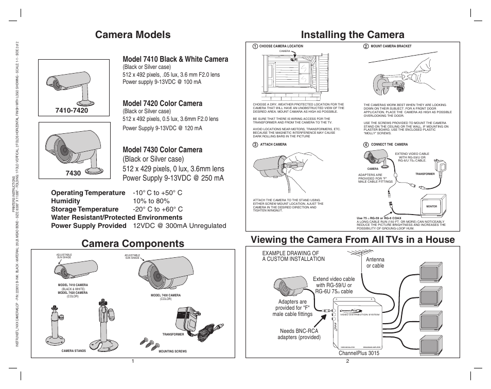Camera models, Camera components installing the camera, Viewing the camera from all tvs in a house | Model 7410 black & white camera, Model 7420 color camera, Operating temperature -10 | Channel Plus 7430 User Manual | Page 2 / 2