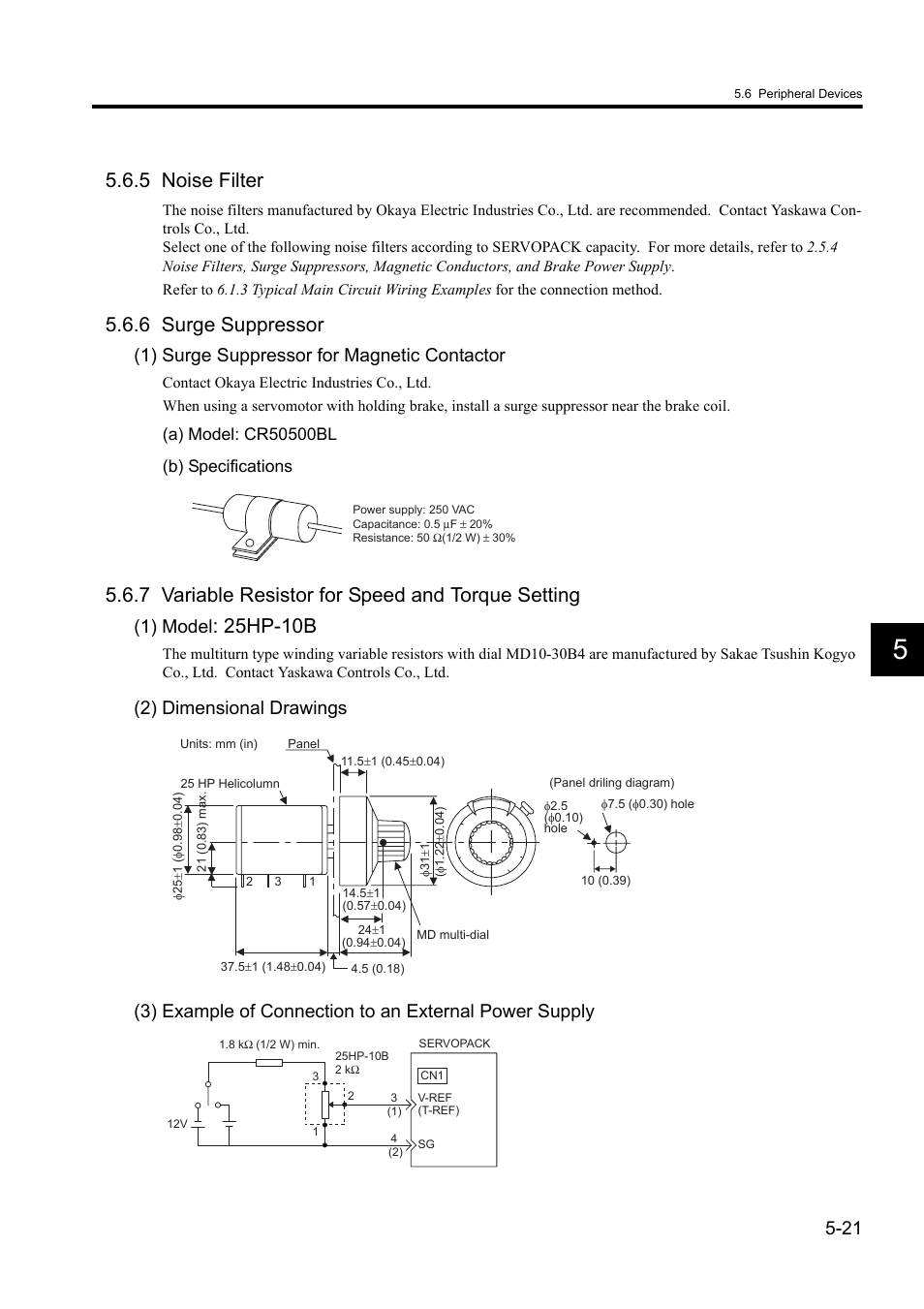 5 noise filter, 6 surge suppressor, 7 variable resistor for speed and torque setting | 25hp-10b, 1) surge suppressor for magnetic contactor, 1) model | Yaskawa Sigma II Series DC Power Input SGMAJ User Manual | Page 118 / 334