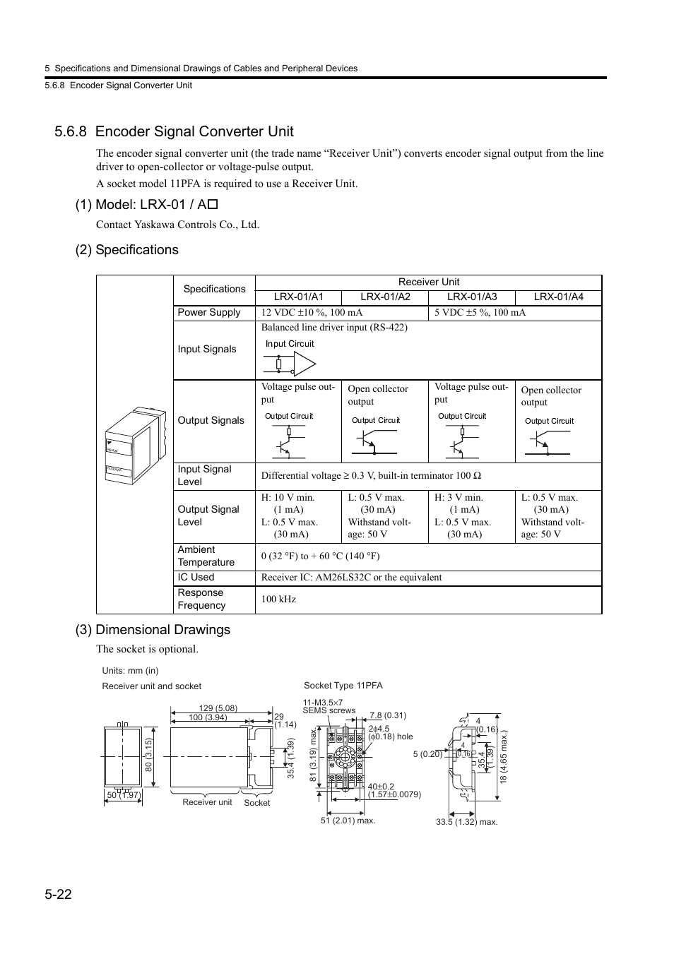 8 encoder signal converter unit, 1) model: lrx-01 / a, 2) specifications (3) dimensional drawings | Yaskawa Sigma II Series DC Power Input SGMAJ User Manual | Page 119 / 334