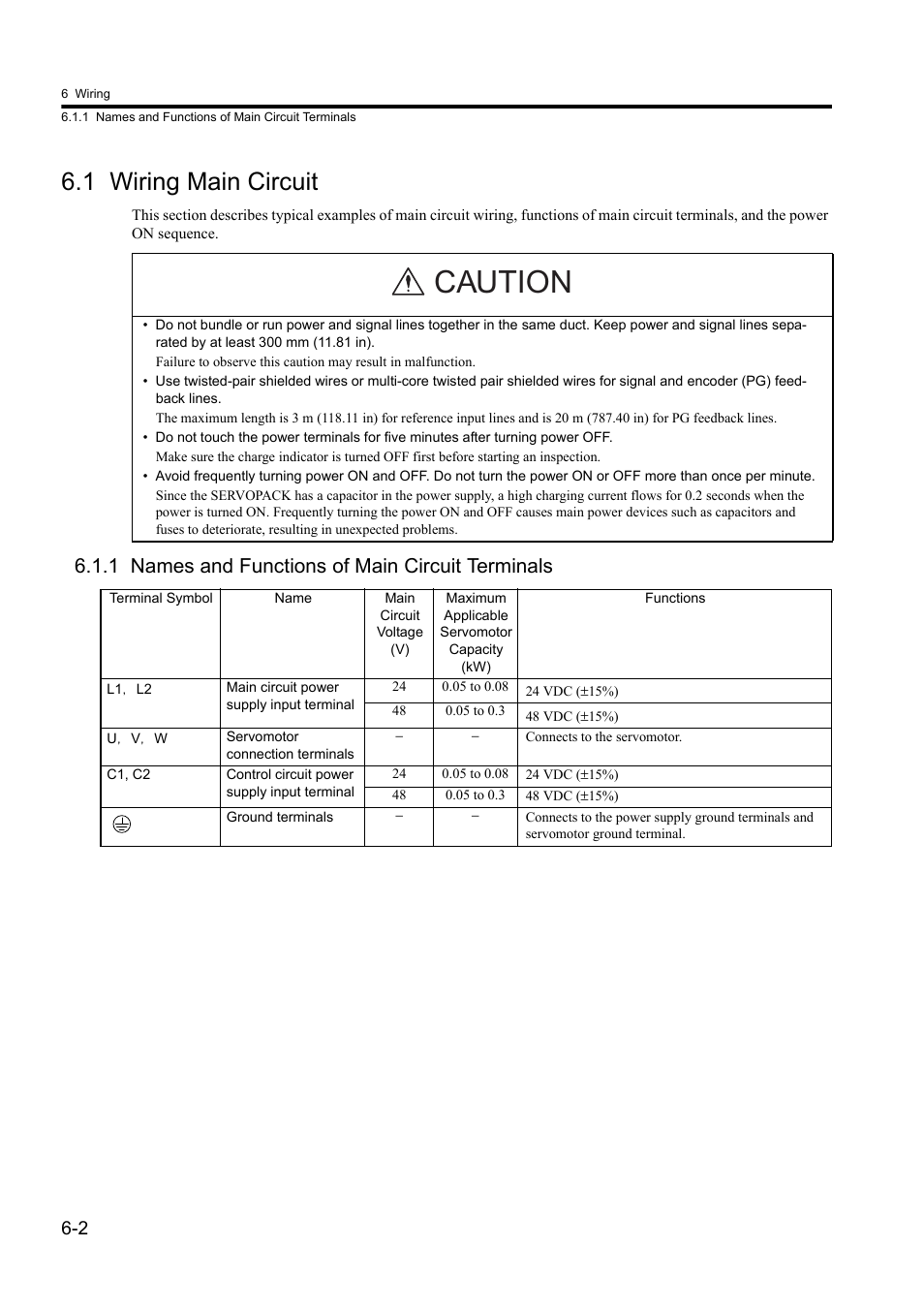 1 wiring main circuit, 1 names and functions of main circuit terminals, Caution | Yaskawa Sigma II Series DC Power Input SGMAJ User Manual | Page 121 / 334