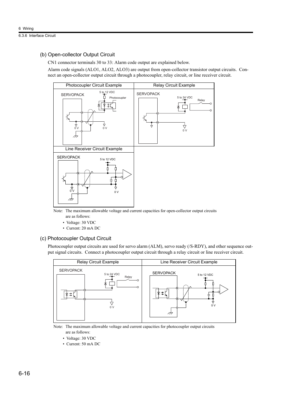 B) open-collector output circuit, C) photocoupler output circuit | Yaskawa Sigma II Series DC Power Input SGMAJ User Manual | Page 135 / 334