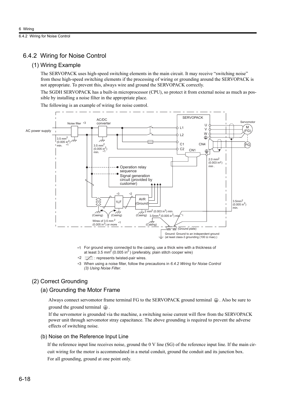 2 wiring for noise control, 1) wiring example, 2) correct grounding (a) grounding the motor frame | B) noise on the reference input line | Yaskawa Sigma II Series DC Power Input SGMAJ User Manual | Page 137 / 334