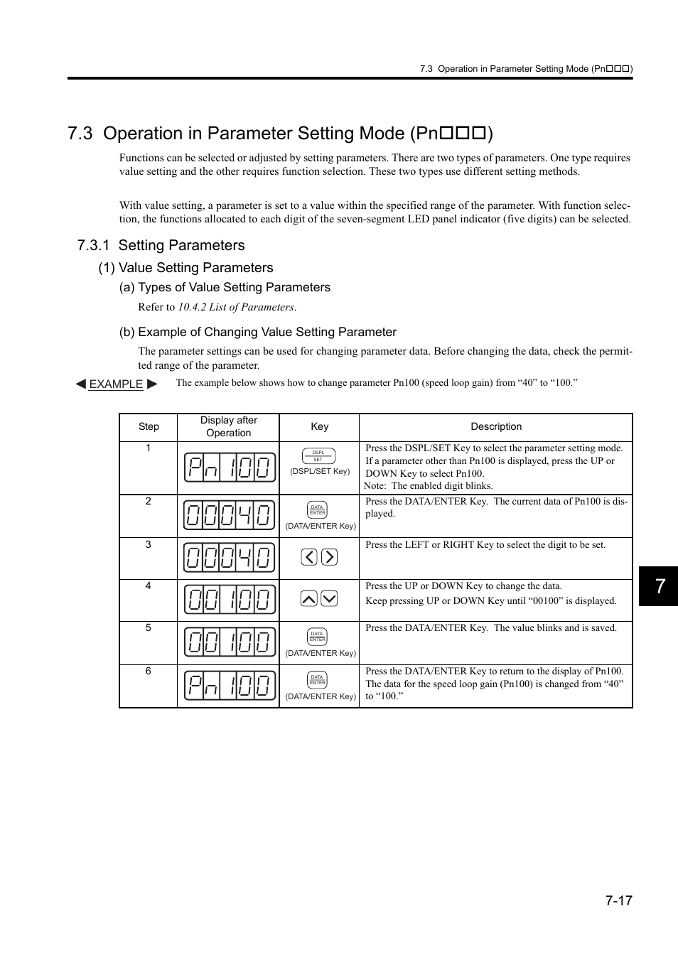 3 operation in parameter setting mode (pn***), 1 setting parameters, 3 operation in parameter setting mode (pn) | 1) value setting parameters, A) types of value setting parameters, B) example of changing value setting parameter | Yaskawa Sigma II Series DC Power Input SGMAJ User Manual | Page 161 / 334