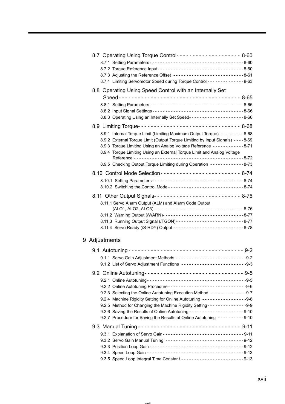 Xvii, 9 adjustments | Yaskawa Sigma II Series DC Power Input SGMAJ User Manual | Page 17 / 334