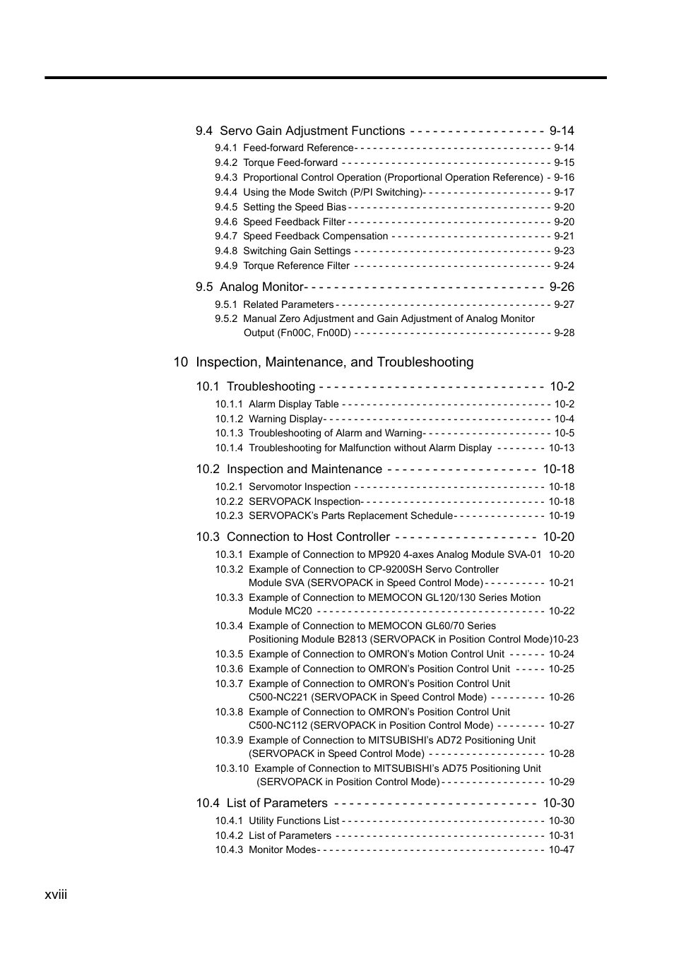 Xviii, 10 inspection, maintenance, and troubleshooting | Yaskawa Sigma II Series DC Power Input SGMAJ User Manual | Page 18 / 334
