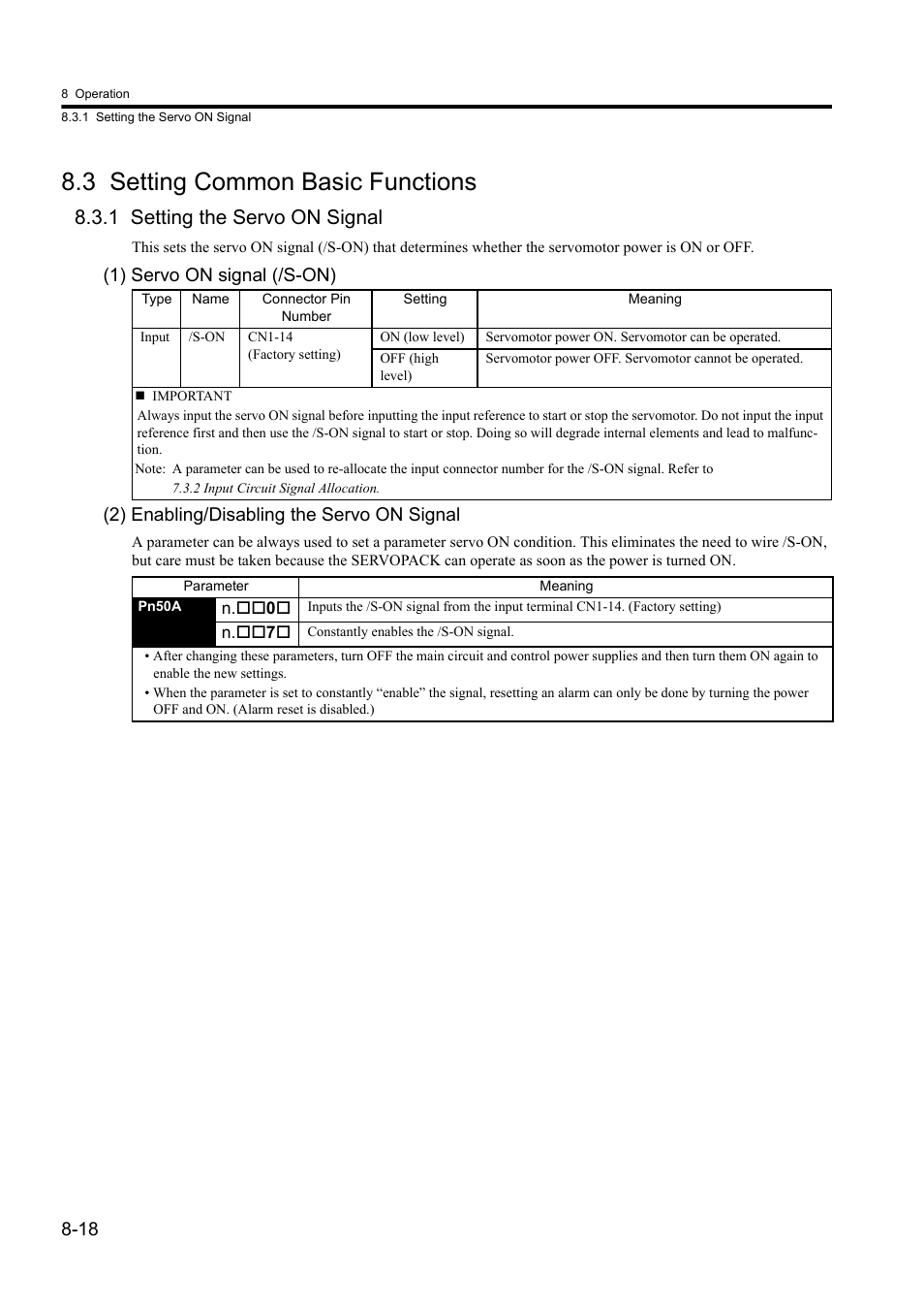 3 setting common basic functions, 1 setting the servo on signal | Yaskawa Sigma II Series DC Power Input SGMAJ User Manual | Page 191 / 334