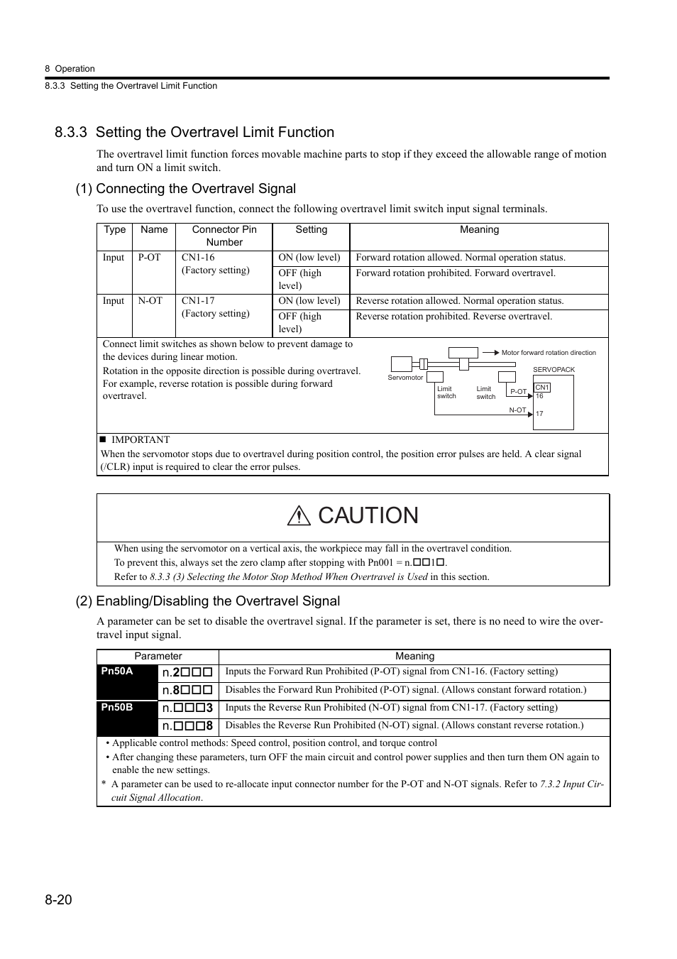 3 setting the overtravel limit function, Caution, 1) connecting the overtravel signal | 2) enabling/disabling the overtravel signal | Yaskawa Sigma II Series DC Power Input SGMAJ User Manual | Page 193 / 334