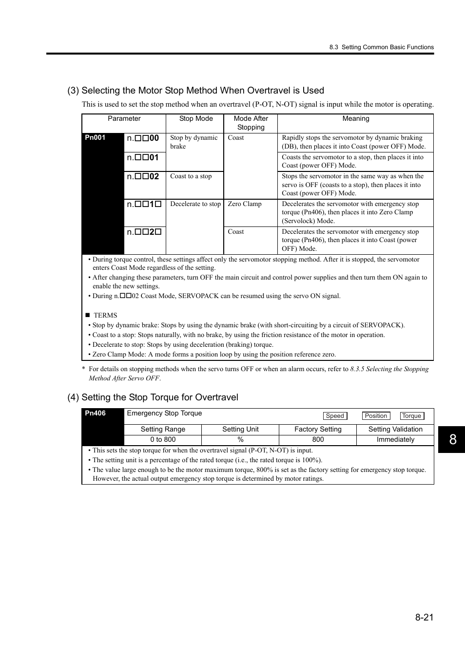 4) setting the stop torque for overtravel | Yaskawa Sigma II Series DC Power Input SGMAJ User Manual | Page 194 / 334