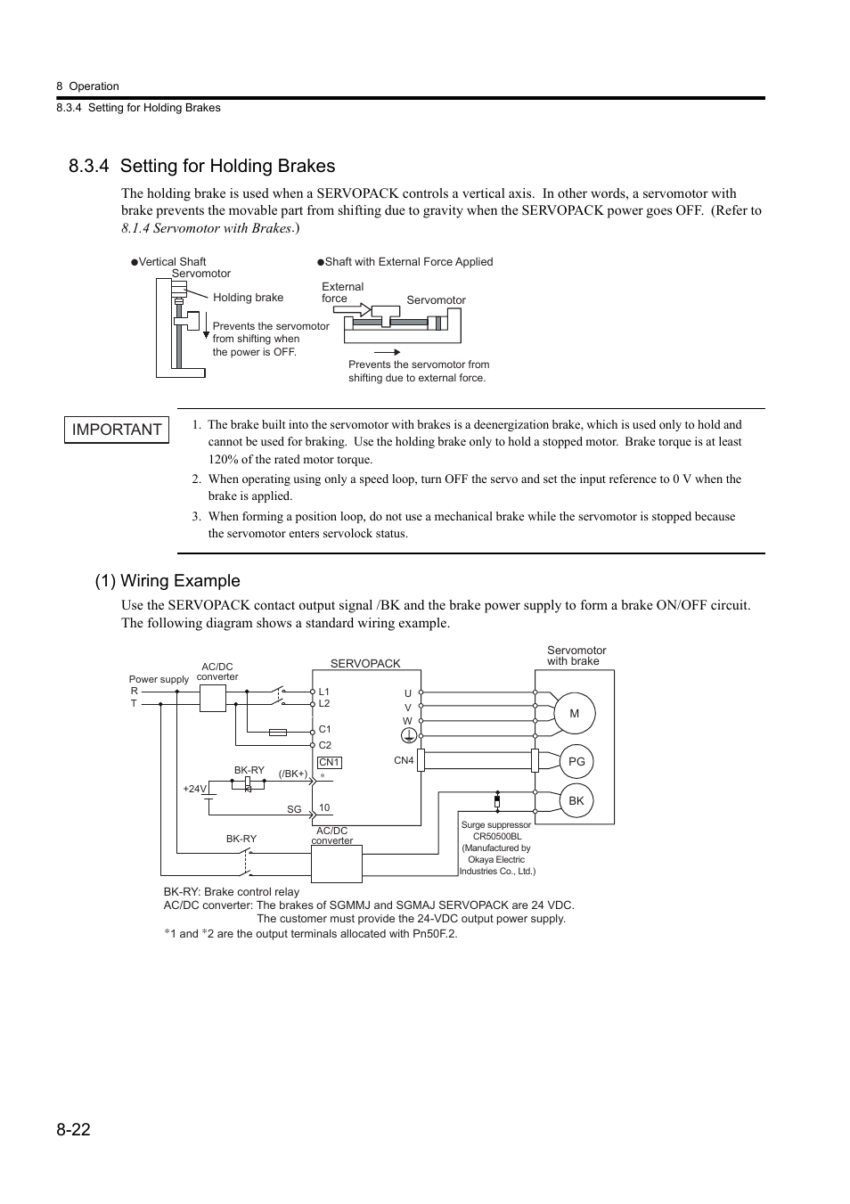 4 setting for holding brakes, 1) wiring example, Important | Yaskawa Sigma II Series DC Power Input SGMAJ User Manual | Page 195 / 334