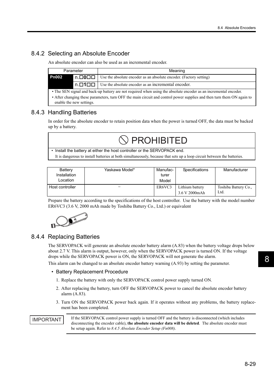 2 selecting an absolute encoder, 3 handling batteries, 4 replacing batteries | Prohibited | Yaskawa Sigma II Series DC Power Input SGMAJ User Manual | Page 202 / 334