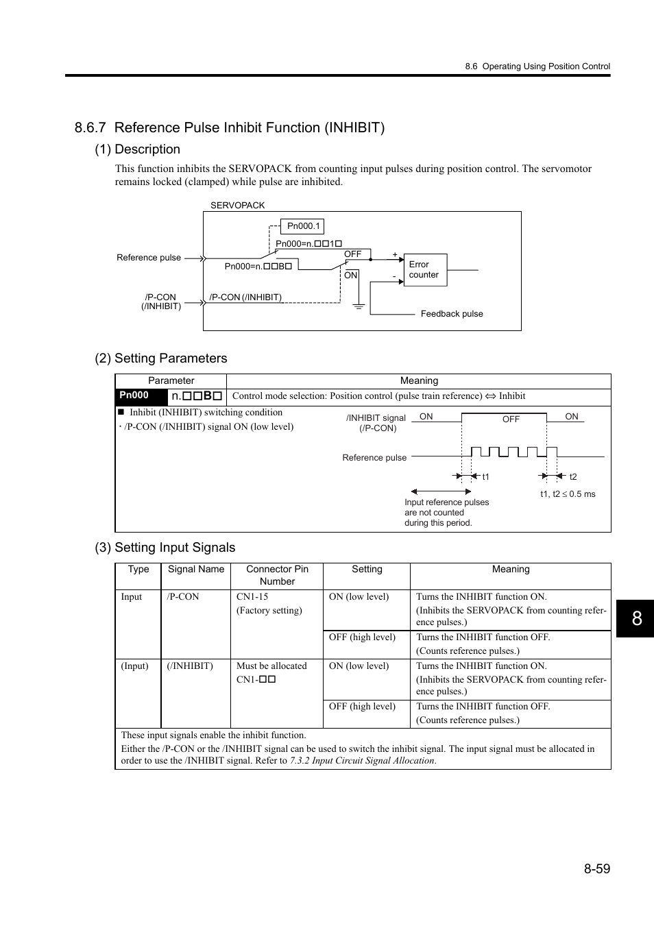 7 reference pulse inhibit function (inhibit), 1) description, 2) setting parameters (3) setting input signals | Yaskawa Sigma II Series DC Power Input SGMAJ User Manual | Page 232 / 334