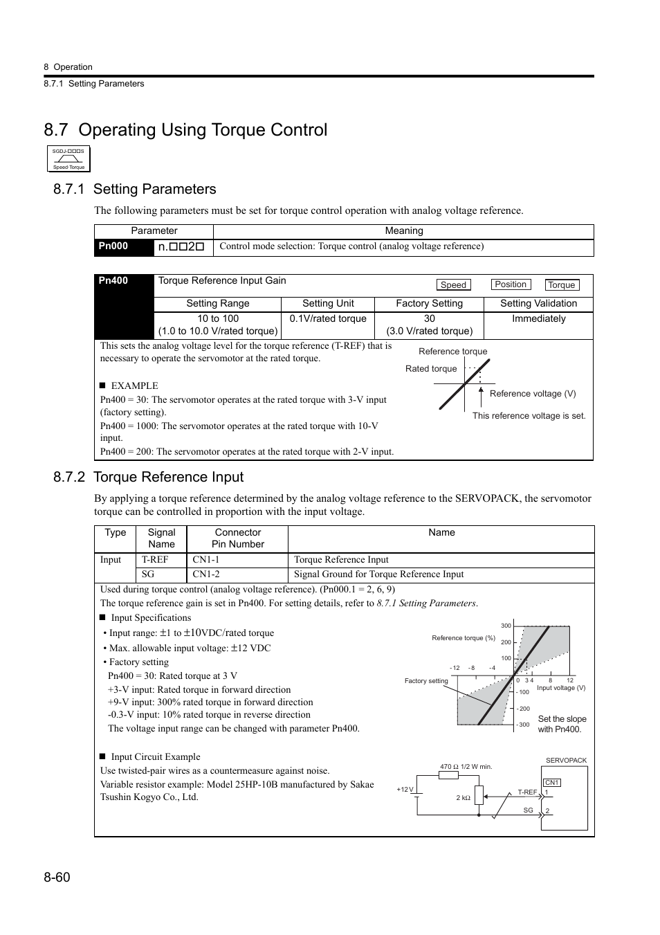 7 operating using torque control, 1 setting parameters, 2 torque reference input | Yaskawa Sigma II Series DC Power Input SGMAJ User Manual | Page 233 / 334