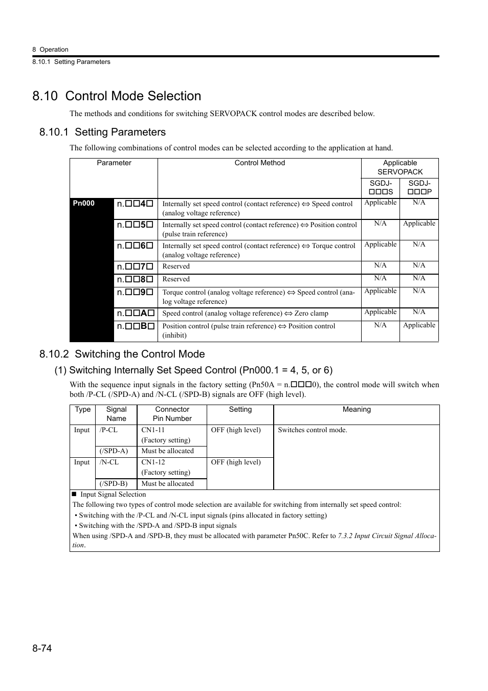 10 control mode selection, 1 setting parameters, 2 switching the control mode | Yaskawa Sigma II Series DC Power Input SGMAJ User Manual | Page 247 / 334