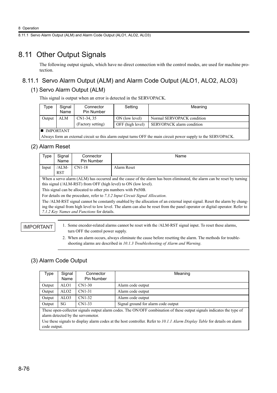 11 other output signals, 1) servo alarm output (alm), 2) alarm reset | 3) alarm code output | Yaskawa Sigma II Series DC Power Input SGMAJ User Manual | Page 249 / 334