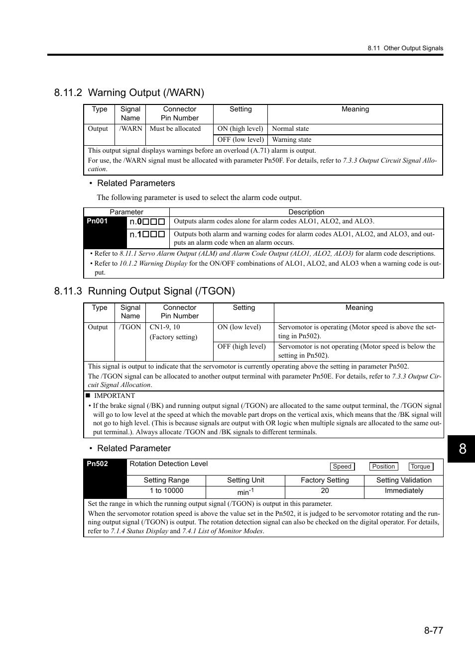 2 warning output (/warn), 3 running output signal (/tgon) | Yaskawa Sigma II Series DC Power Input SGMAJ User Manual | Page 250 / 334