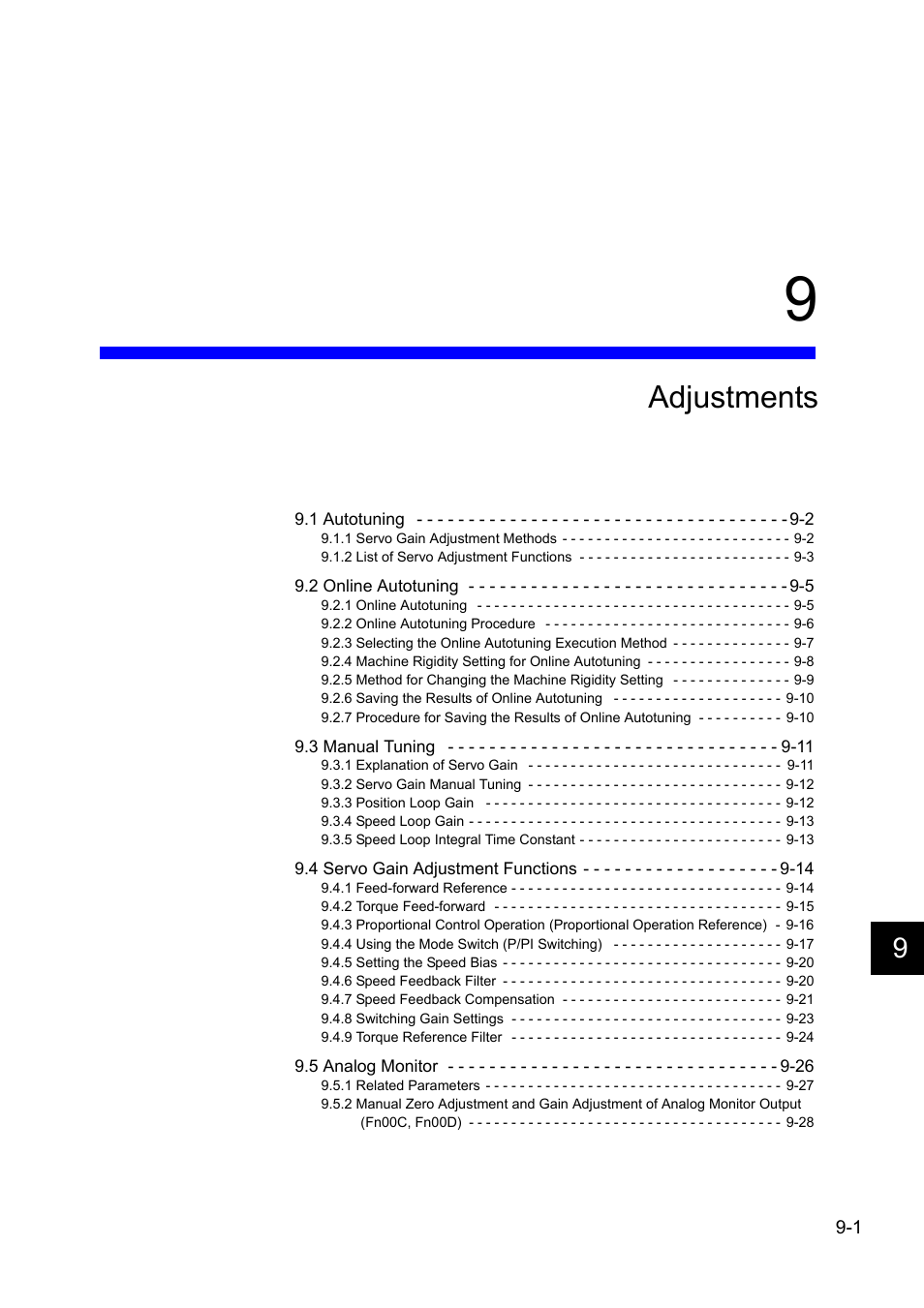 9 adjustments, Adjustments | Yaskawa Sigma II Series DC Power Input SGMAJ User Manual | Page 252 / 334