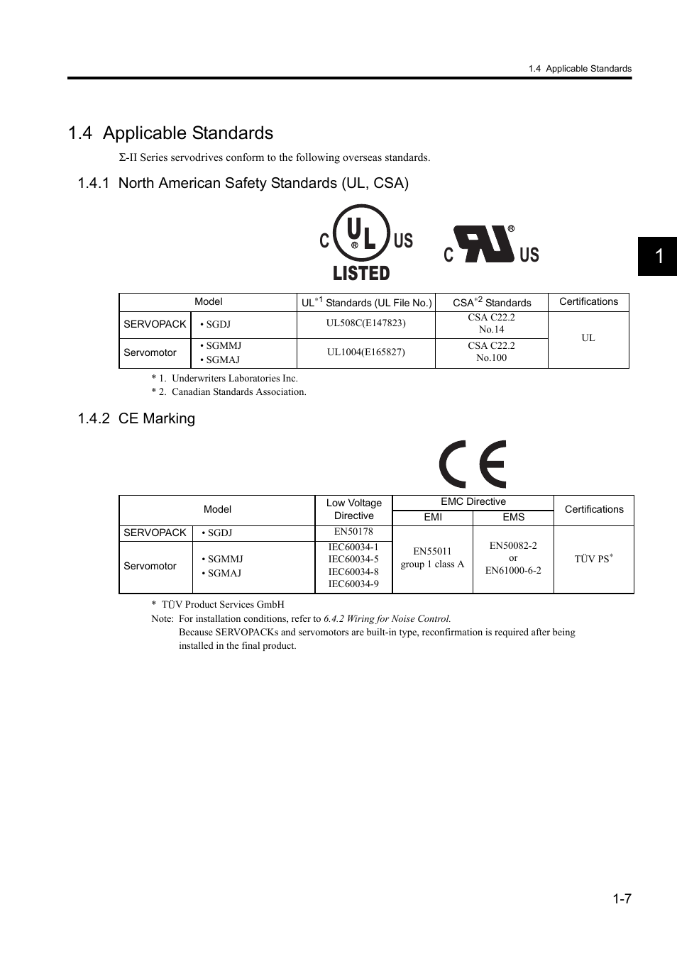 4 applicable standards, 1 north american safety standards (ul, csa), 2 ce marking | Us listed c | Yaskawa Sigma II Series DC Power Input SGMAJ User Manual | Page 26 / 334