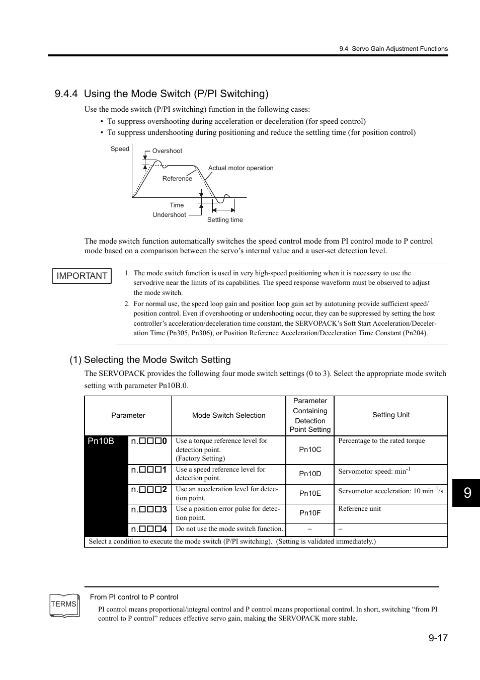 4 using the mode switch (p/pi switching), 1) selecting the mode switch setting | Yaskawa Sigma II Series DC Power Input SGMAJ User Manual | Page 268 / 334