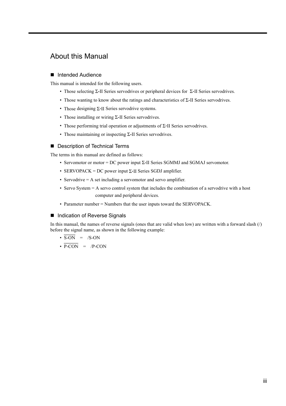 About this manual | Yaskawa Sigma II Series DC Power Input SGMAJ User Manual | Page 3 / 334