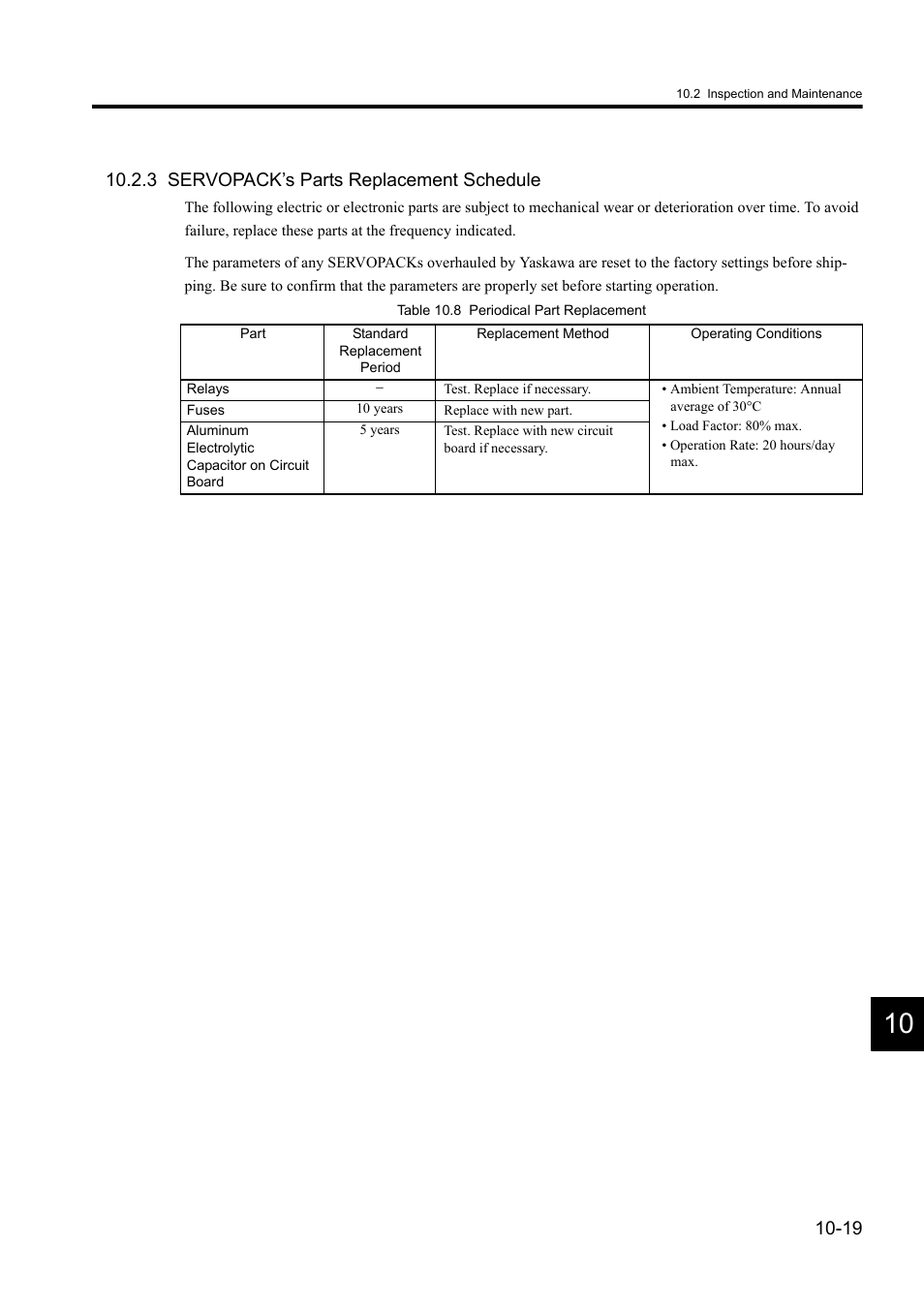 3 servopack’s parts replacement schedule | Yaskawa Sigma II Series DC Power Input SGMAJ User Manual | Page 300 / 334