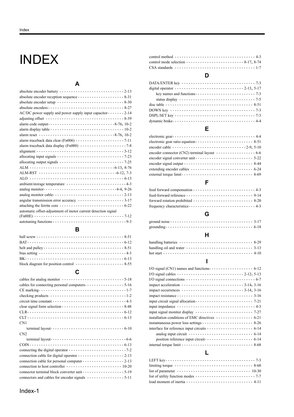 Index, Index-1 | Yaskawa Sigma II Series DC Power Input SGMAJ User Manual | Page 329 / 334