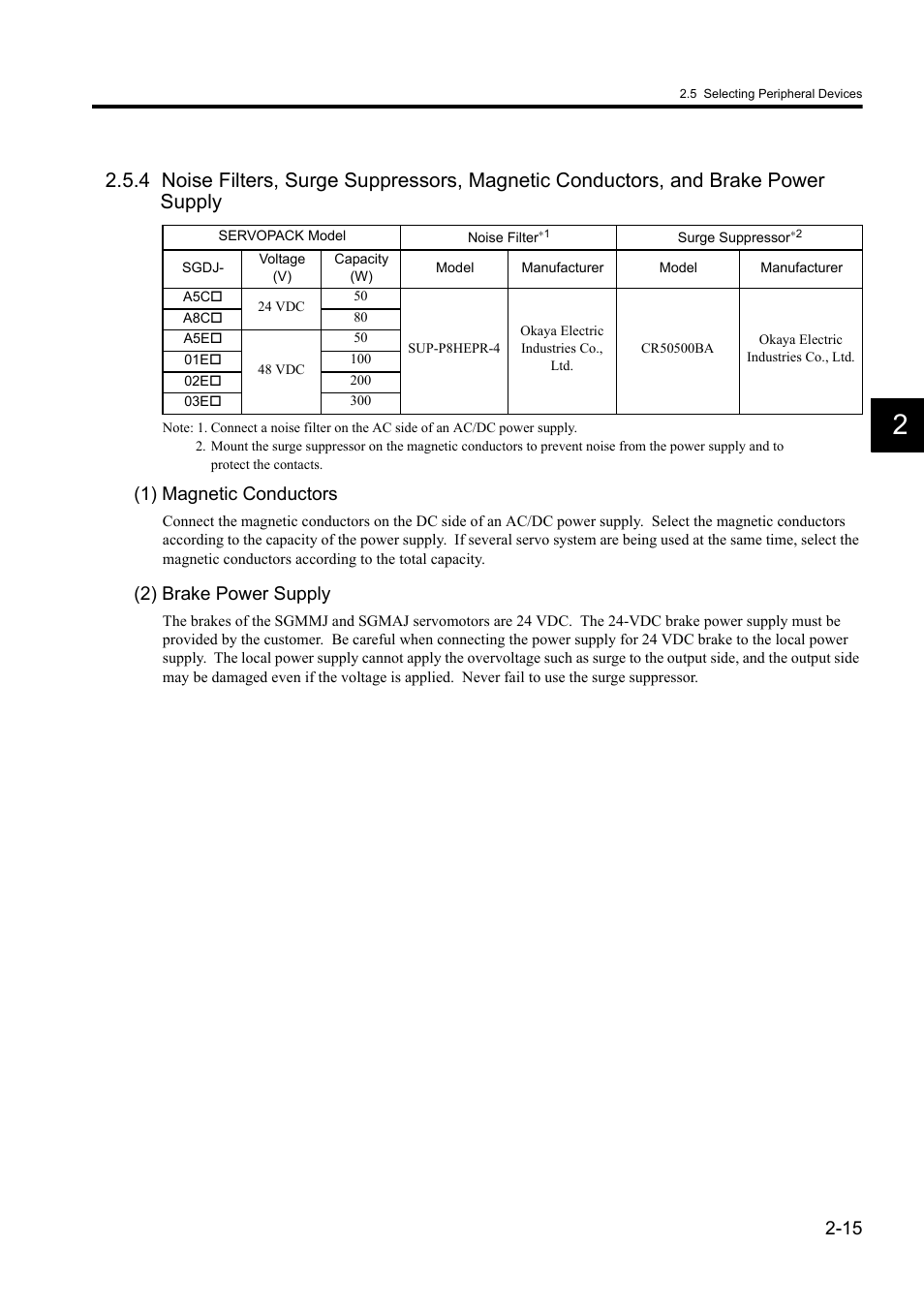 1) magnetic conductors, 2) brake power supply | Yaskawa Sigma II Series DC Power Input SGMAJ User Manual | Page 41 / 334