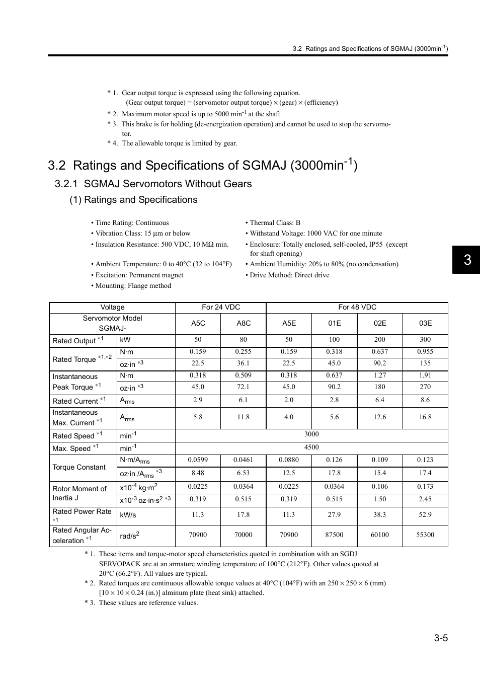 2 ratings and specifications of sgmaj (3000min-1), 1 sgmaj servomotors without gears, 1) ratings and specifications | Yaskawa Sigma II Series DC Power Input SGMAJ User Manual | Page 46 / 334
